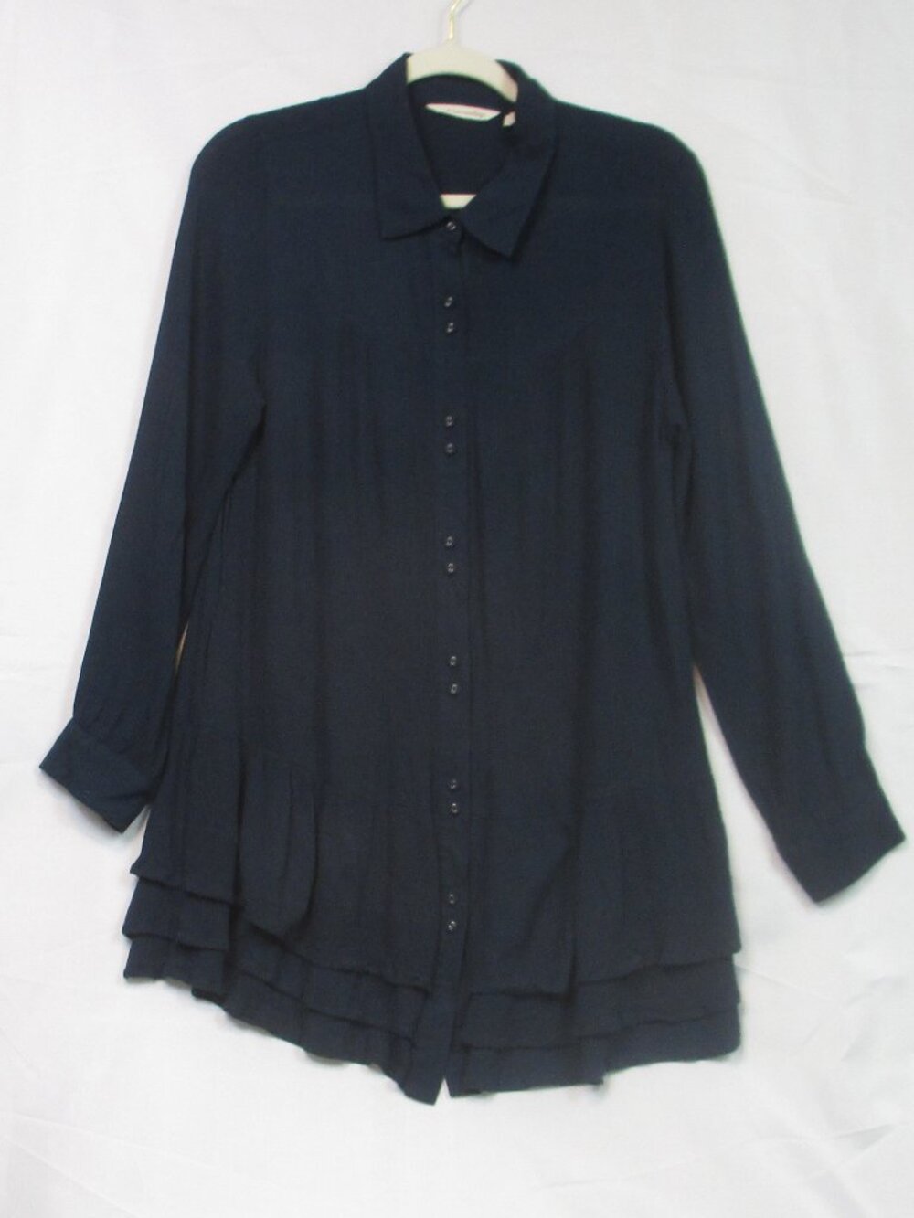 Soft Surroundings Tunic Dress Navy Blue Womens Button Front Ruffle Hem Rayon M
